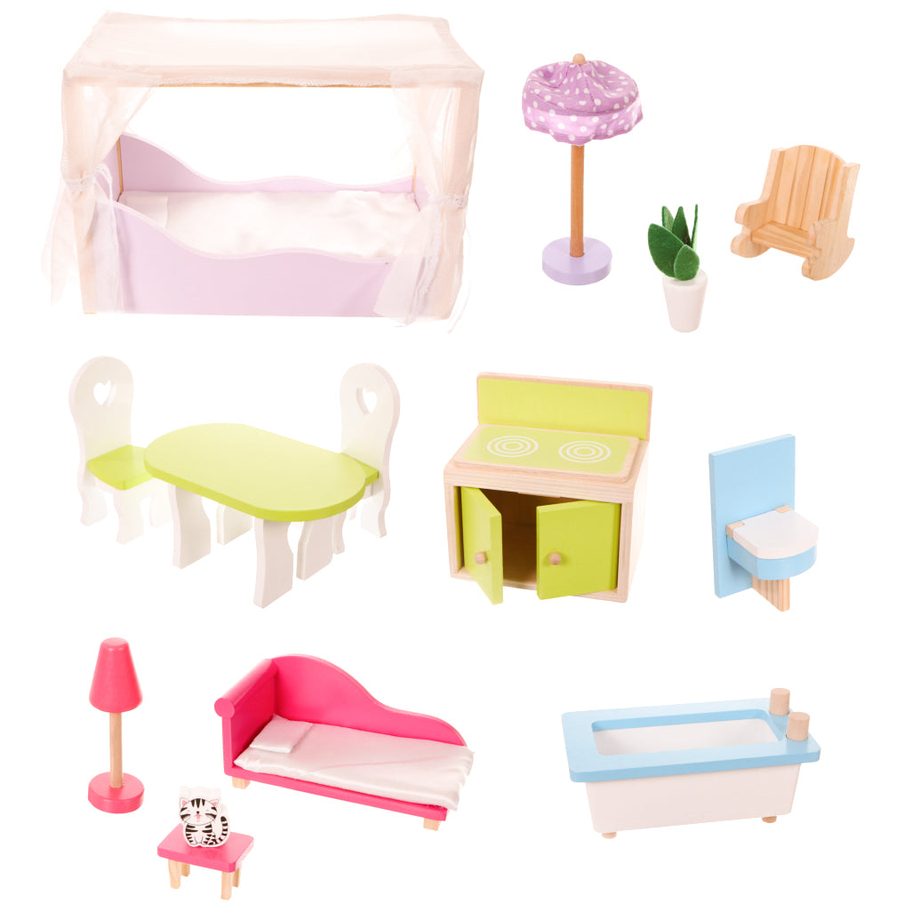 Casuta de papusi din lemn idealSTORE AYA NAPA GRAND RESIDENCE, Dimensiuni 124 x 84 x 38 cm, 3 nivele, 4 camere si un set cu 14 piese de mobiler inclus, Farmecul culorilor bine alese si a camerelor special amenajate ofera distractie nelimitata
