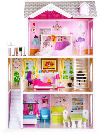 Casuta de papusi din lemn idealSTORE AYA NAPA GRAND RESIDENCE, Dimensiuni 124 x 84 x 38 cm, 3 nivele, 4 camere si un set cu 14 piese de mobiler inclus, Farmecul culorilor bine alese si a camerelor special amenajate ofera distractie nelimitata