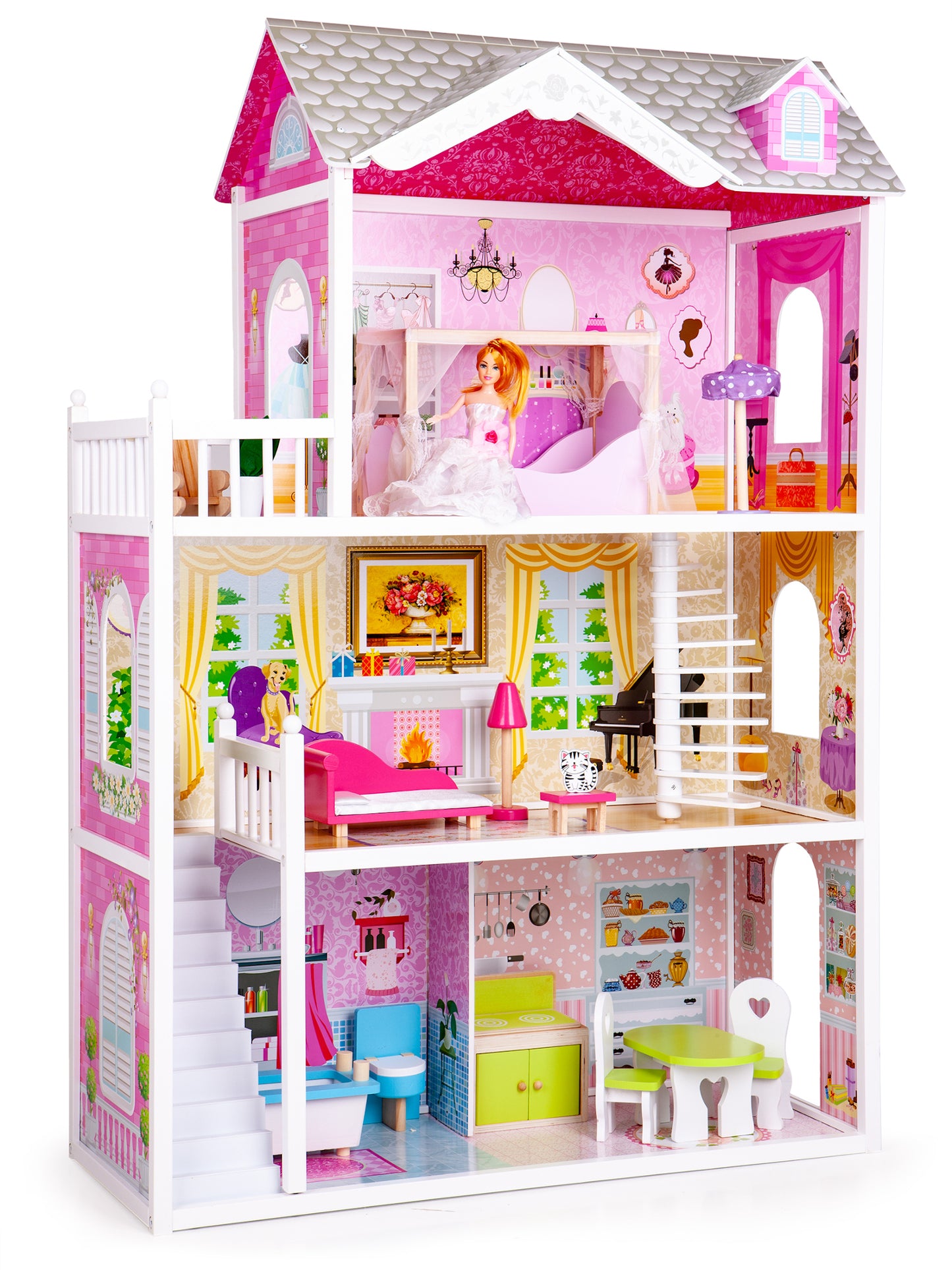 Casuta de papusi din lemn idealSTORE AYA NAPA GRAND RESIDENCE, Dimensiuni 124 x 84 x 38 cm, 3 nivele, 4 camere si un set cu 14 piese de mobiler inclus, Farmecul culorilor bine alese si a camerelor special amenajate ofera distractie nelimitata