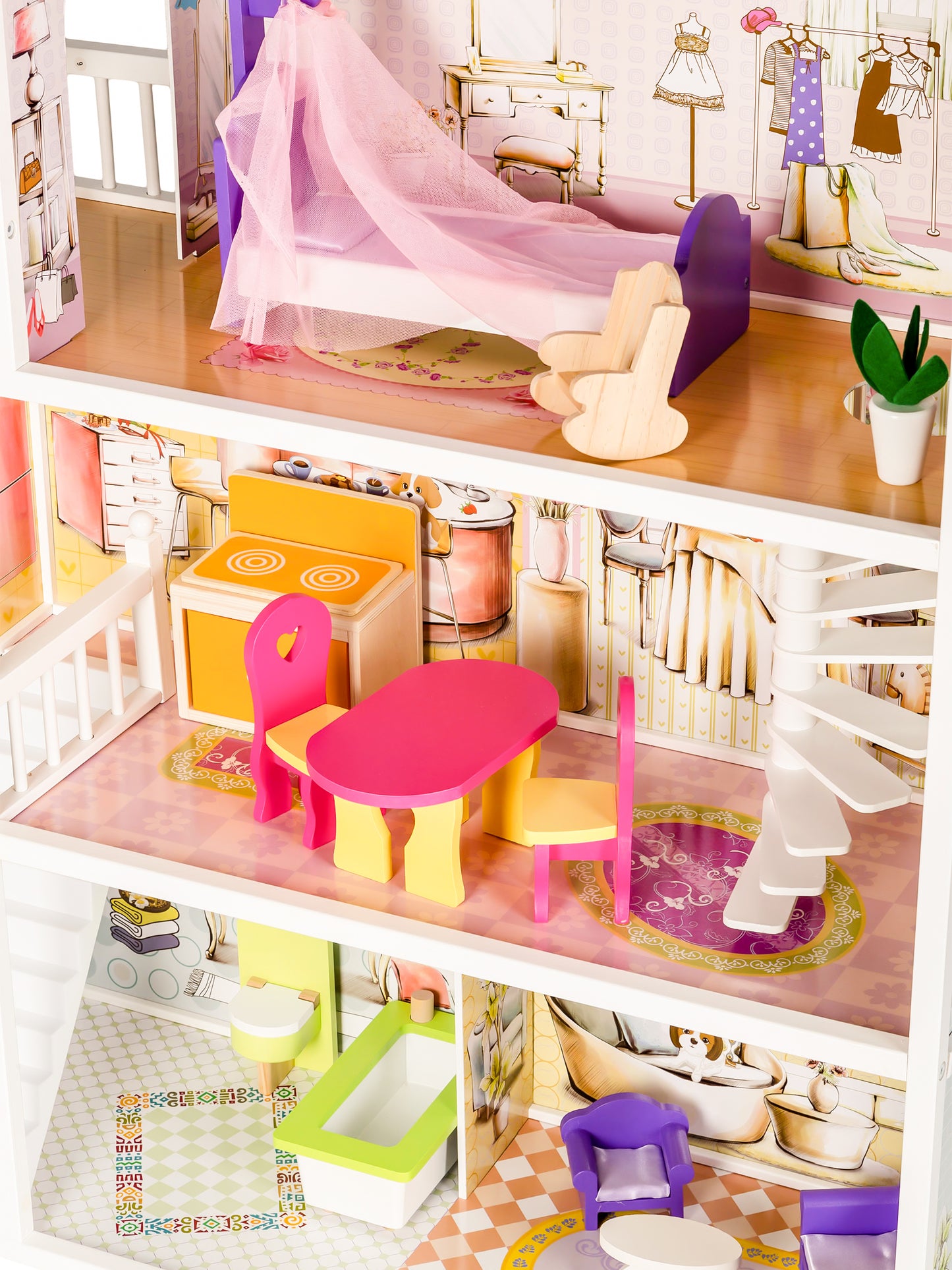 Casuta de papusi din lemn cu garaj idealSTORE MIAMI HOT RESIDENCE, Dimensiuni 124 x 38 x 114 cm, 3 nivele independente, 6 camere, un set de 13 piese mobilier si o papusa Barbie dezvolta distractia creativa