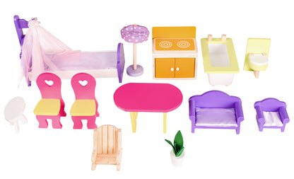 Casuta de papusi din lemn cu garaj idealSTORE MIAMI HOT RESIDENCE, Dimensiuni 124 x 38 x 114 cm, 3 nivele independente, 6 camere, un set de 13 piese mobilier si o papusa Barbie dezvolta distractia creativa