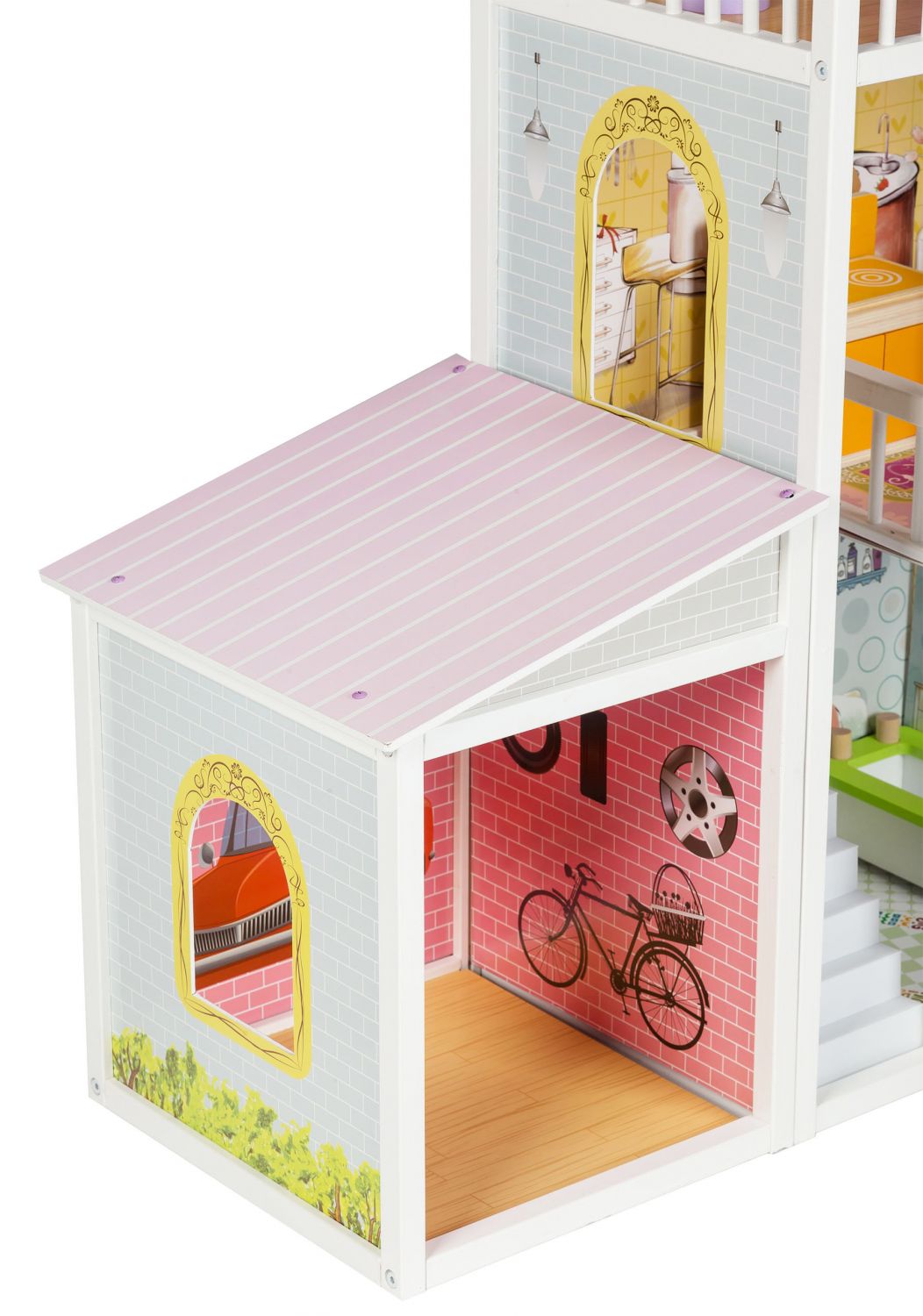 Casuta de papusi din lemn cu garaj idealSTORE MIAMI HOT RESIDENCE, Dimensiuni 124 x 38 x 114 cm, 3 nivele independente, 6 camere, un set de 13 piese mobilier si o papusa Barbie dezvolta distractia creativa