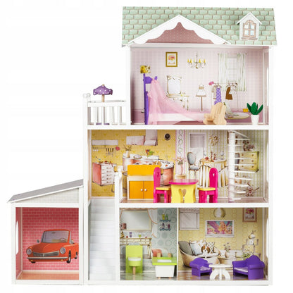 Casuta de papusi din lemn cu garaj idealSTORE MIAMI HOT RESIDENCE, Dimensiuni 124 x 38 x 114 cm, 3 nivele independente, 6 camere, un set de 13 piese mobilier si o papusa Barbie dezvolta distractia creativa