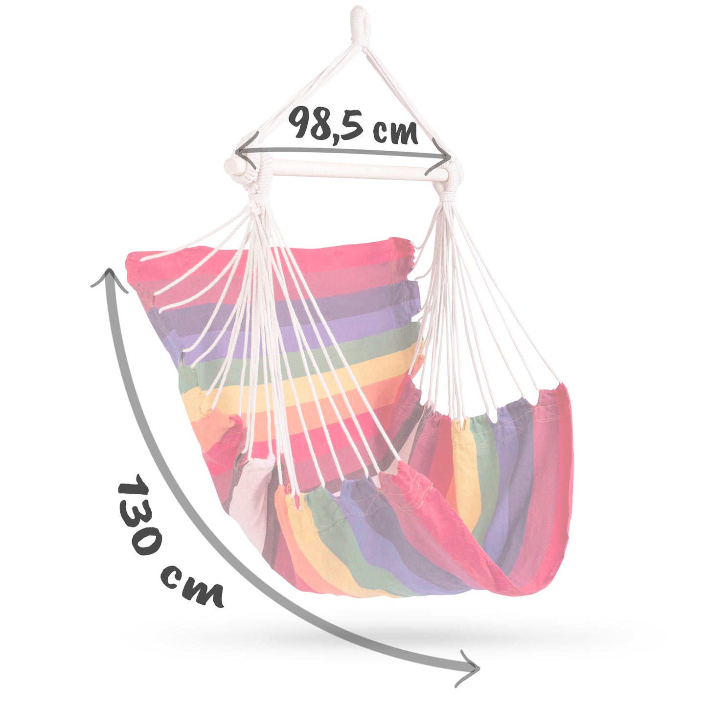 Hamac suspendat tip scaun RhoDes idealSTORE, Dimensiuni 130 x 112 X 98 cm, Include 1,5 m franghie, corzi groase impletite, Material din bumbac, respirabil, durabil si rezistent la abraziune, Sarcina maxima 150 KG, Ideal pentru terasa