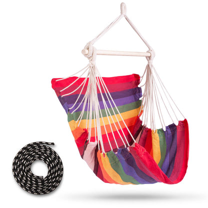 Hamac suspendat tip scaun RhoDes idealSTORE, Dimensiuni 130 x 112 X 98 cm, Include 1,5 m franghie, corzi groase impletite, Material din bumbac, respirabil, durabil si rezistent la abraziune, Sarcina maxima 150 KG, Ideal pentru terasa