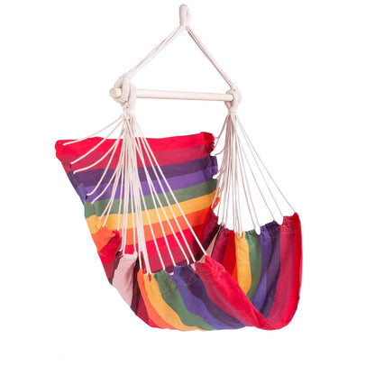 Hamac suspendat tip scaun RhoDes idealSTORE, Dimensiuni 130 x 112 X 98 cm, Include 1,5 m franghie, corzi groase impletite, Material din bumbac, respirabil, durabil si rezistent la abraziune, Sarcina maxima 150 KG, Ideal pentru terasa