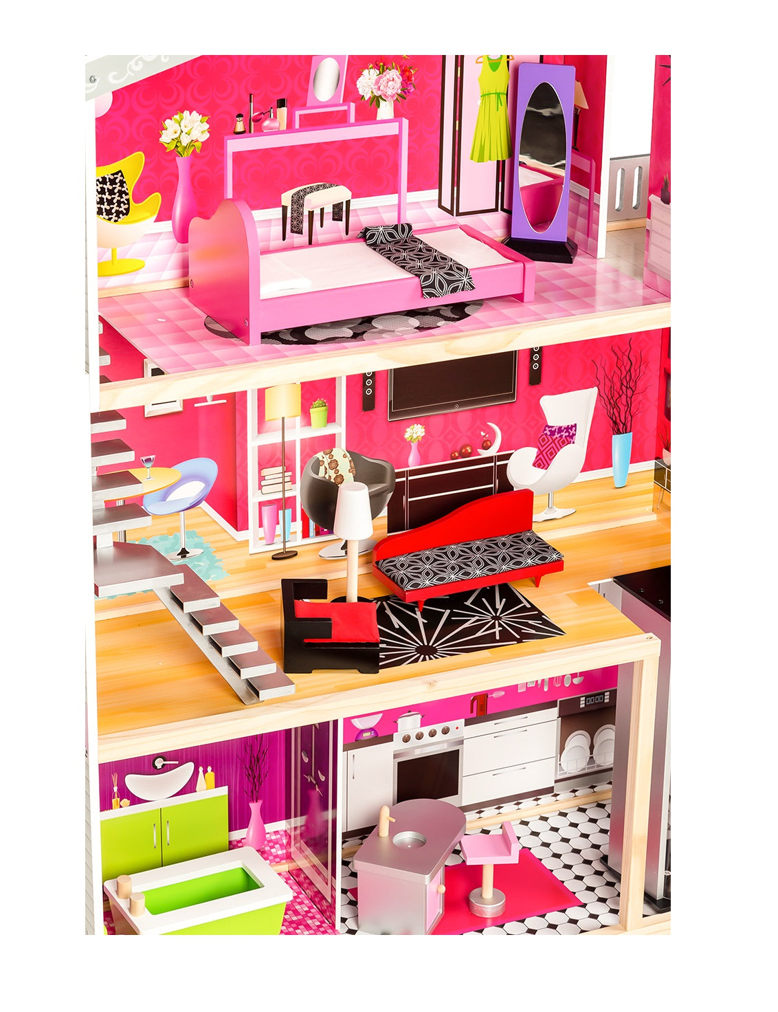 Casuta de papusi din lemn cu lift idealSTORE SOFT GOLDEN RESIDENCE, Dimensiuni 114 x 32 x 87 cm, 3 nivele compuse din 4 camere cu design unic si 10 piese de mobilier exclusivist imita un spatiu de joaca perfect