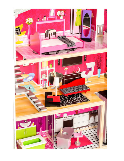 Casuta de papusi din lemn cu lift idealSTORE SOFT GOLDEN RESIDENCE, Dimensiuni 114 x 32 x 87 cm, 3 nivele compuse din 4 camere cu design unic si 10 piese de mobilier exclusivist imita un spatiu de joaca perfect