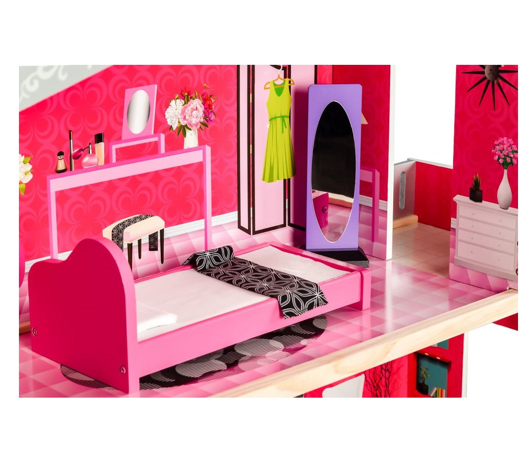 Casuta de papusi din lemn cu lift idealSTORE SOFT GOLDEN RESIDENCE, Dimensiuni 114 x 32 x 87 cm, 3 nivele compuse din 4 camere cu design unic si 10 piese de mobilier exclusivist imita un spatiu de joaca perfect