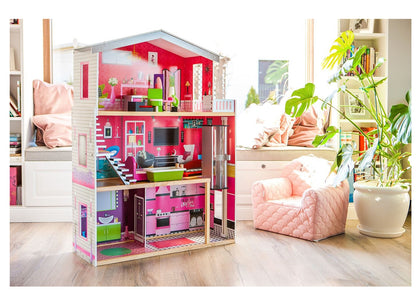 Casuta de papusi din lemn cu lift idealSTORE SOFT GOLDEN RESIDENCE, Dimensiuni 114 x 32 x 87 cm, 3 nivele compuse din 4 camere cu design unic si 10 piese de mobilier exclusivist imita un spatiu de joaca perfect