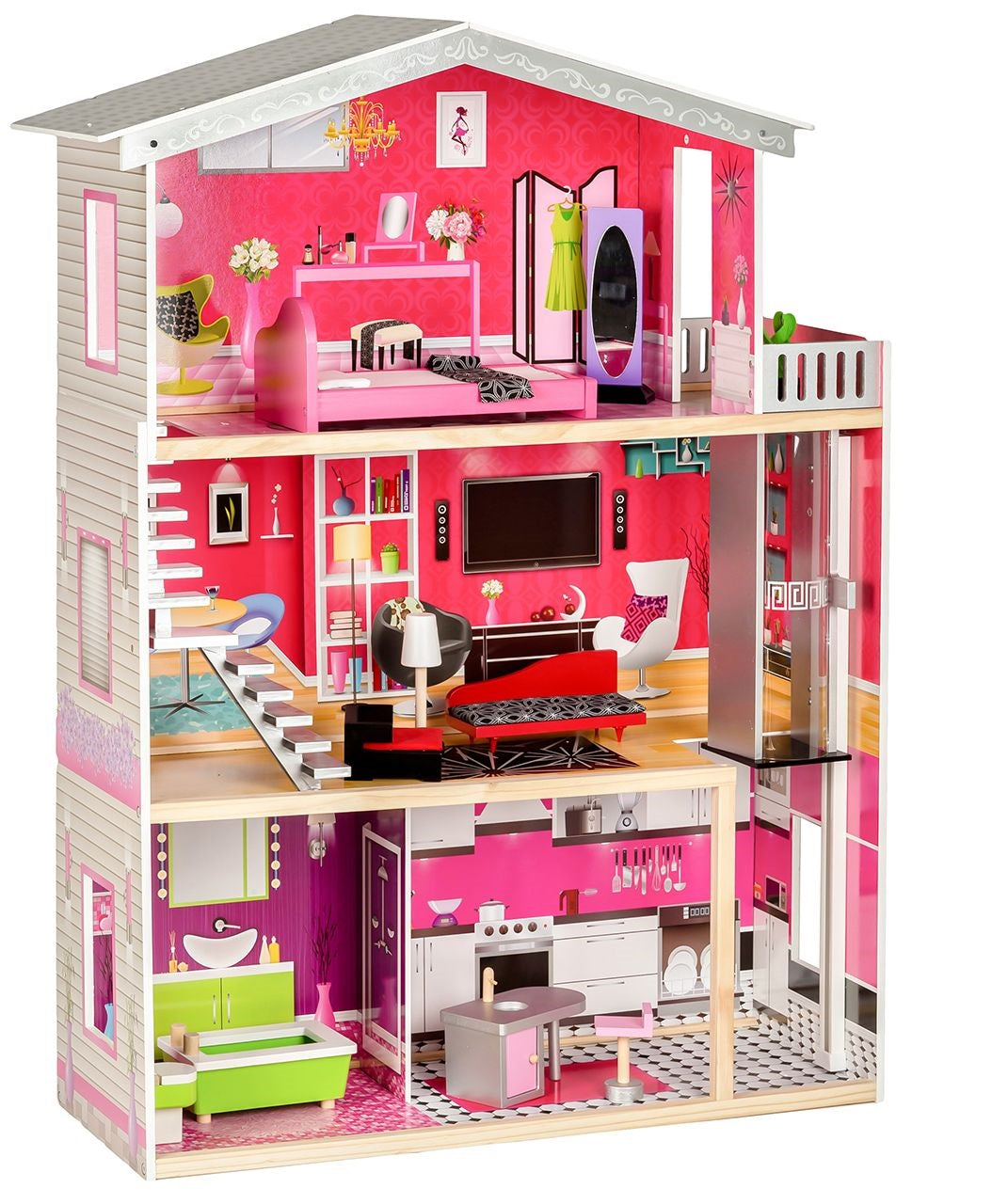 Casuta de papusi din lemn cu lift idealSTORE SOFT GOLDEN RESIDENCE, Dimensiuni 114 x 32 x 87 cm, 3 nivele compuse din 4 camere cu design unic si 10 piese de mobilier exclusivist imita un spatiu de joaca perfect