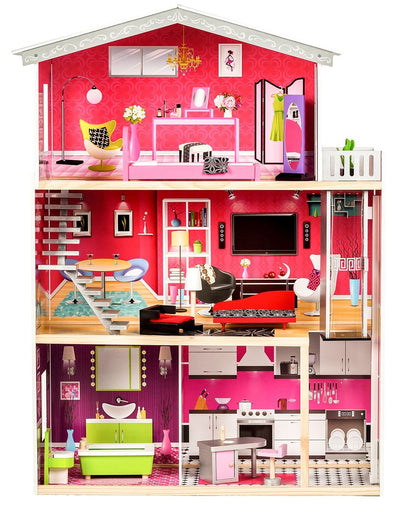 Casuta de papusi din lemn cu lift idealSTORE SOFT GOLDEN RESIDENCE, Dimensiuni 114 x 32 x 87 cm, 3 nivele compuse din 4 camere cu design unic si 10 piese de mobilier exclusivist imita un spatiu de joaca perfect