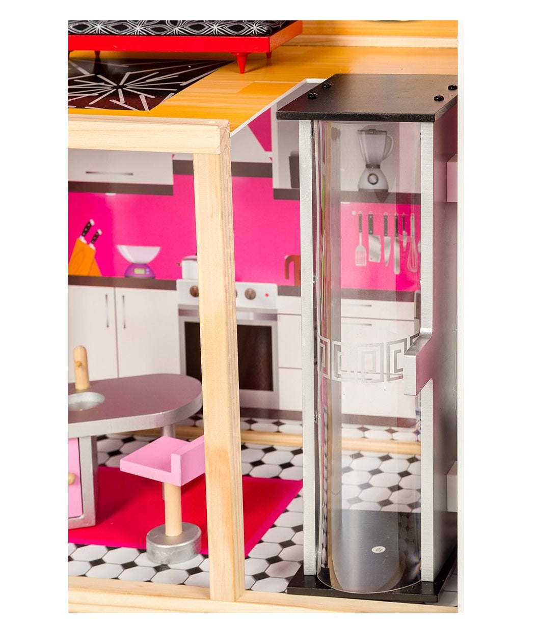 Casuta de papusi din lemn cu lift idealSTORE SOFT GOLDEN RESIDENCE, Dimensiuni 114 x 32 x 87 cm, 3 nivele compuse din 4 camere cu design unic si 10 piese de mobilier exclusivist imita un spatiu de joaca perfect