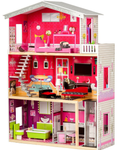 Casuta de papusi din lemn cu lift idealSTORE SOFT GOLDEN RESIDENCE, Dimensiuni 114 x 32 x 87 cm, 3 nivele compuse din 4 camere cu design unic si 10 piese de mobilier exclusivist imita un spatiu de joaca perfect