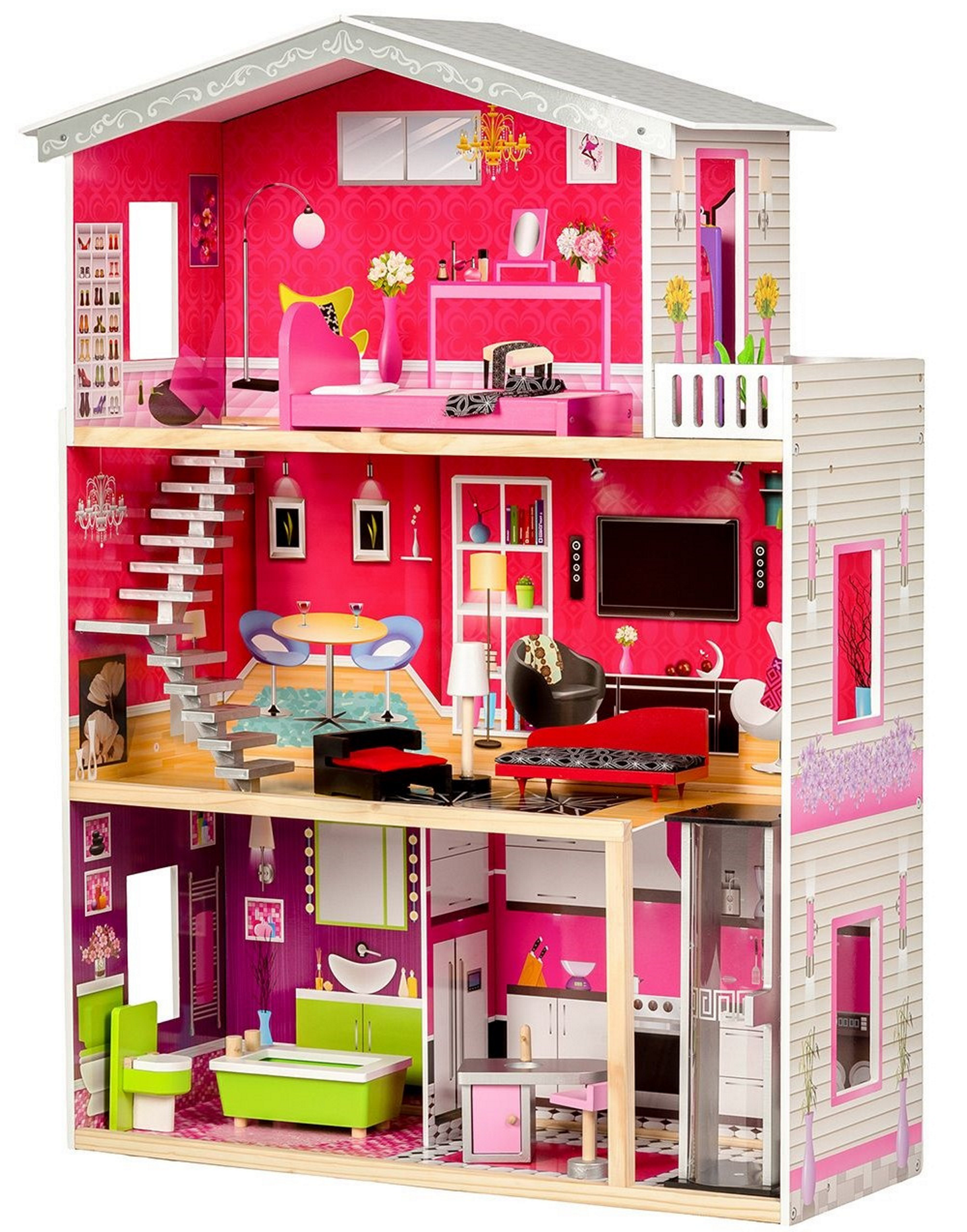 Casuta de papusi din lemn cu lift idealSTORE SOFT GOLDEN RESIDENCE, Dimensiuni 114 x 32 x 87 cm, 3 nivele compuse din 4 camere cu design unic si 10 piese de mobilier exclusivist imita un spatiu de joaca perfect
