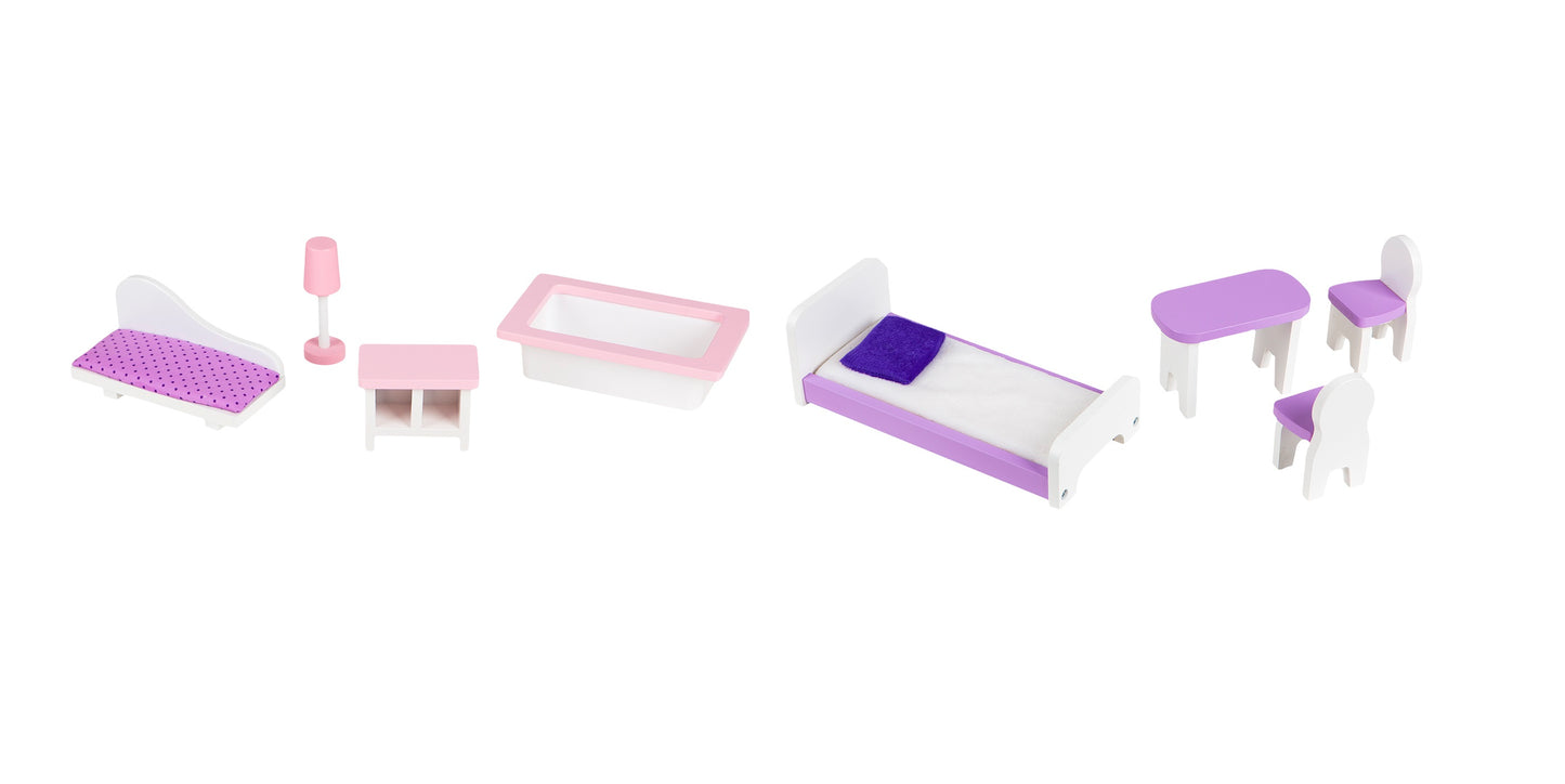 Casuta de Papusi din LEMN idealSTORE, Lovely Purple Princess, Dimensiuni 53 x 27 x 95 cm, Construita pe 3 niveluri cu 4 camere, Accesorizata cu mobilier ce imita perfect o adevarata casa rezidentiala