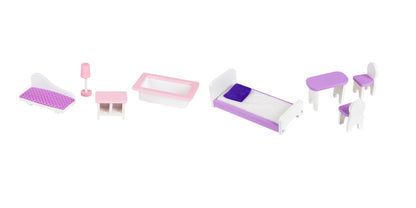 Casuta de Papusi din LEMN idealSTORE, Lovely Purple Princess, Dimensiuni 53 x 27 x 95 cm, Construita pe 3 niveluri cu 4 camere, Accesorizata cu mobilier ce imita perfect o adevarata casa rezidentiala