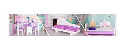 Casuta de Papusi din LEMN idealSTORE, Lovely Purple Princess, Dimensiuni 53 x 27 x 95 cm, Construita pe 3 niveluri cu 4 camere, Accesorizata cu mobilier ce imita perfect o adevarata casa rezidentiala