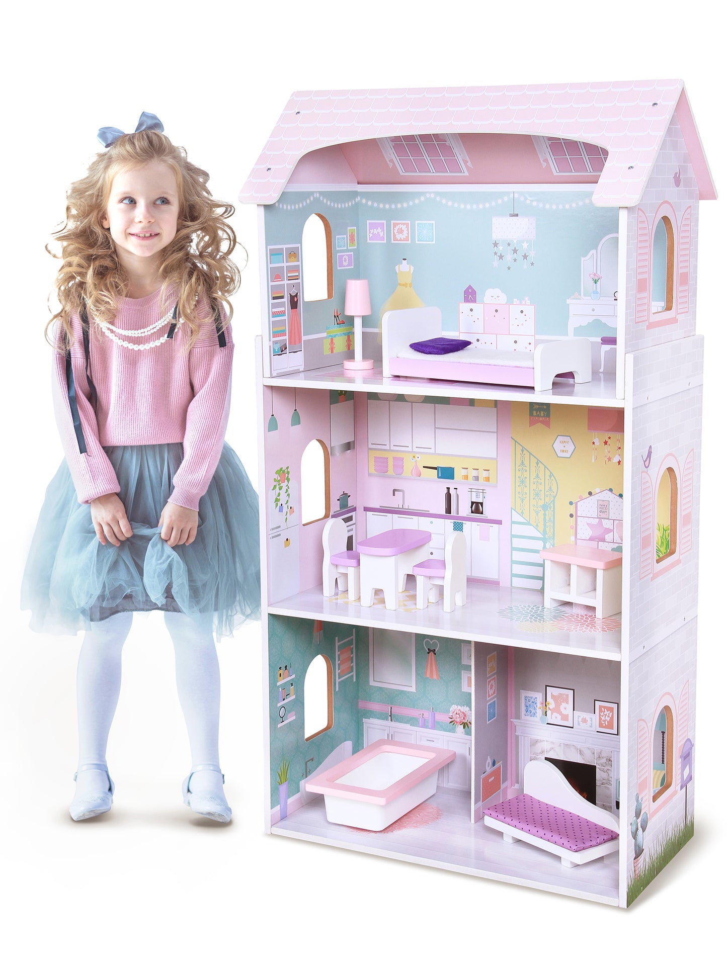 Casuta de Papusi din LEMN idealSTORE, Lovely Purple Princess, Dimensiuni 53 x 27 x 95 cm, Construita pe 3 niveluri cu 4 camere, Accesorizata cu mobilier ce imita perfect o adevarata casa rezidentiala
