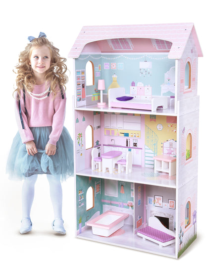 Casuta de Papusi din LEMN idealSTORE, Lovely Purple Princess, Dimensiuni 53 x 27 x 95 cm, Construita pe 3 niveluri cu 4 camere, Accesorizata cu mobilier ce imita perfect o adevarata casa rezidentiala
