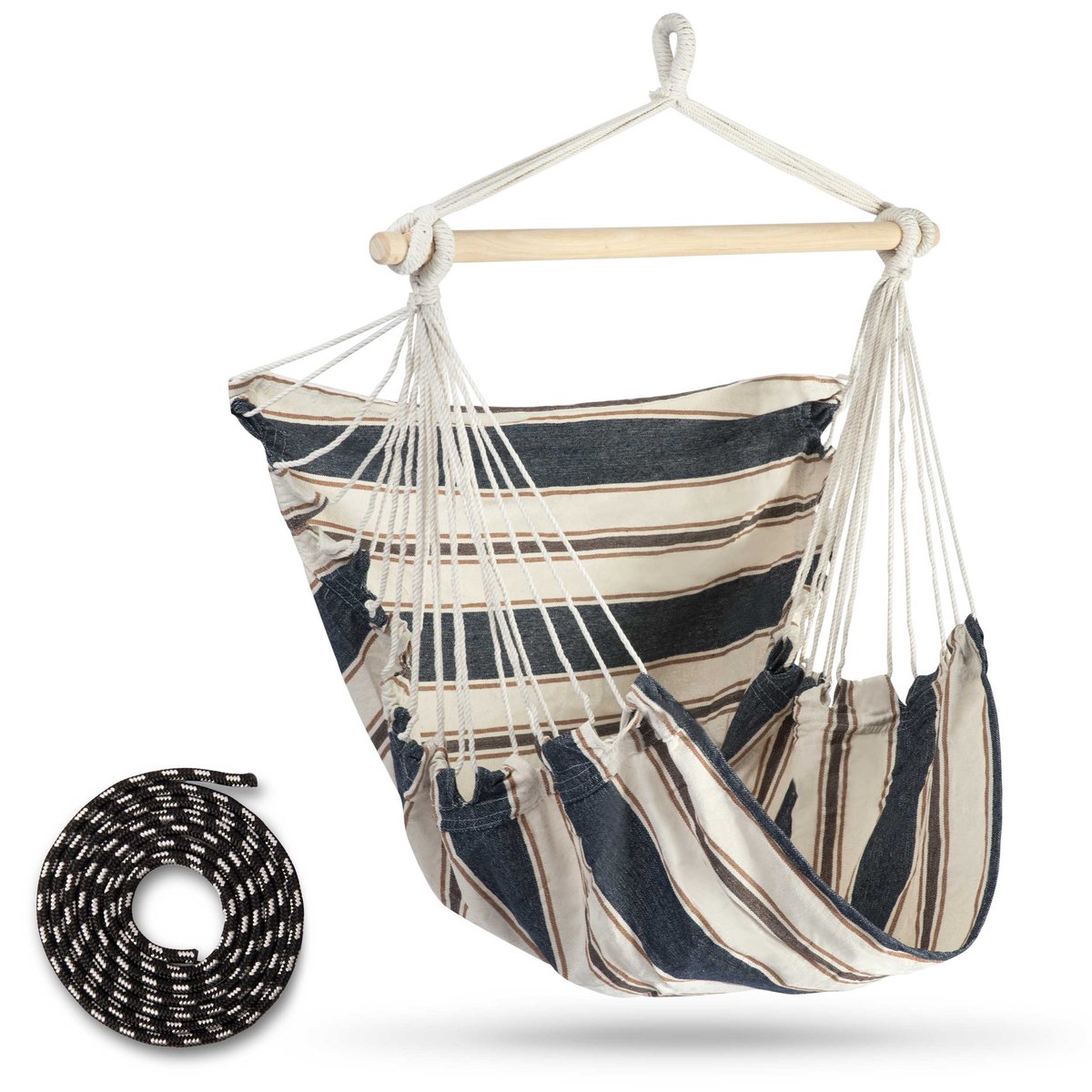 Hamac suspendat tip scaun RhoDos idealSTORE, Dimensiuni 130 x 112 x 98 cm, Include 1,5 m franghie, corzi groase impletite, Material din bumbac, respirabil, durabil si rezistent la abraziune, Sarcina maxima 150 KG