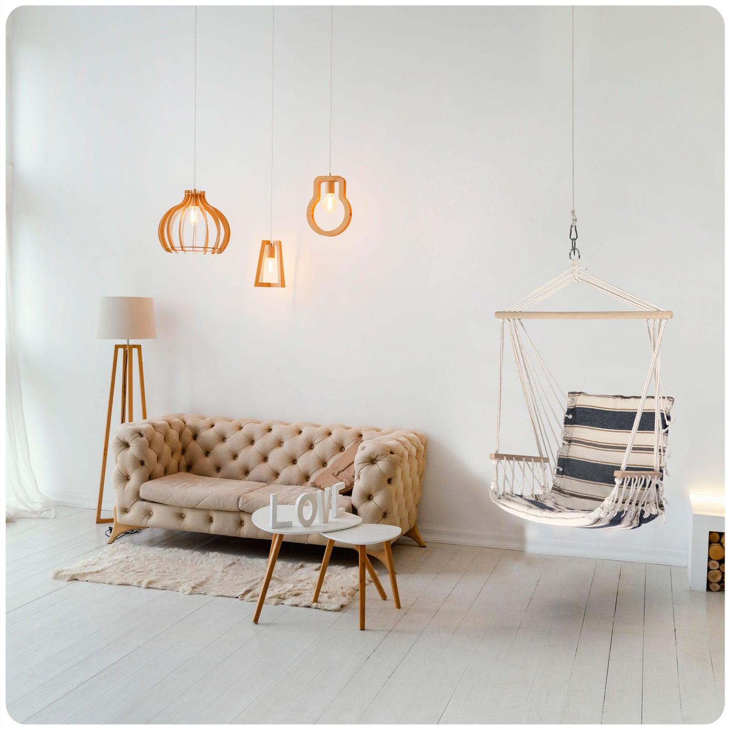 Hamac suspendat tip scaun LaGos idealSTORE, Dimensiuni 117 x 60 cm, Include 1,5 m franghie, corzi groase impletite, Material din bumbac, respirabil, durabil si rezistent la abraziune, Sarcina maxima 100 KG, Ideal pentru terasa, balcon sau apartament