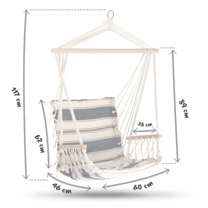 Hamac suspendat tip scaun LaGos idealSTORE, Dimensiuni 117 x 60 cm, Include 1,5 m franghie, corzi groase impletite, Material din bumbac, respirabil, durabil si rezistent la abraziune, Sarcina maxima 100 KG, Ideal pentru terasa, balcon sau apartament