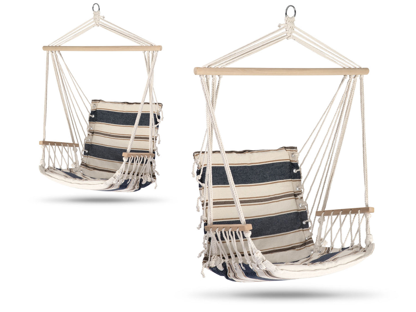 Hamac suspendat tip scaun LaGos idealSTORE, Dimensiuni 117 x 60 cm, Include 1,5 m franghie, corzi groase impletite, Material din bumbac, respirabil, durabil si rezistent la abraziune, Sarcina maxima 100 KG, Ideal pentru terasa, balcon sau apartament