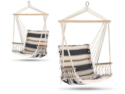 Hamac suspendat tip scaun LaGos idealSTORE, Dimensiuni 117 x 60 cm, Include 1,5 m franghie, corzi groase impletite, Material din bumbac, respirabil, durabil si rezistent la abraziune, Sarcina maxima 100 KG, Ideal pentru terasa, balcon sau apartament