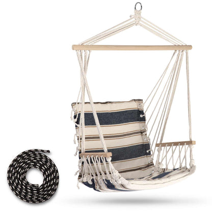 Hamac suspendat tip scaun LaGos idealSTORE, Dimensiuni 117 x 60 cm, Include 1,5 m franghie, corzi groase impletite, Material din bumbac, respirabil, durabil si rezistent la abraziune, Sarcina maxima 100 KG, Ideal pentru terasa, balcon sau apartament
