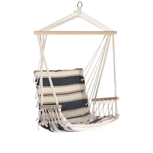 Hamac suspendat tip scaun LaGos idealSTORE, Dimensiuni 117 x 60 cm, Include 1,5 m franghie, corzi groase impletite, Material din bumbac, respirabil, durabil si rezistent la abraziune, Sarcina maxima 100 KG, Ideal pentru terasa, balcon sau apartament