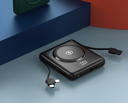 Baterie Externa Mini Battery IdealStore 10000 maH, 4 iesiri USB, USB tip C, USB tip micro, Incarcare fara fir, Tensiune Iesire 5V-2.1A, Incarcare rapida, BLACK