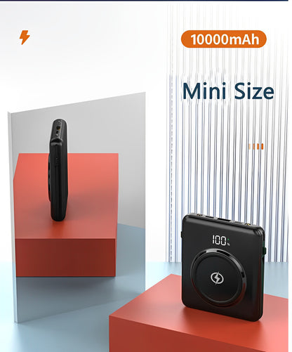 Baterie Externa Mini Battery IdealStore 10000 maH, 4 iesiri USB, USB tip C, USB tip micro, Incarcare fara fir, Tensiune Iesire 5V-2.1A, Incarcare rapida, BLACK