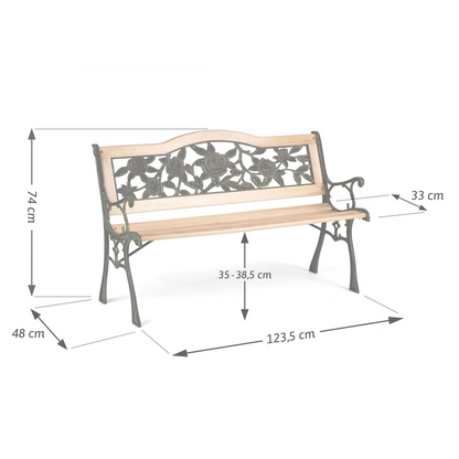 Banca de Gradina IdealStore Garden Collections, Spatar Floral, Cadru din fier, Lemn de Plop, Dimensiune 123,5 x 74 x 48 cm, Perfect Pentru Seri Relaxante, Nature