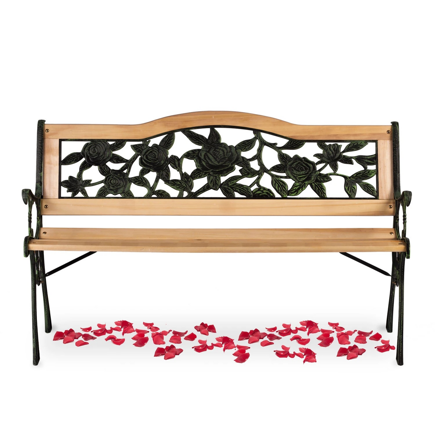 Banca de Gradina IdealStore Garden Collections, Spatar Floral, Cadru din fier, Lemn de Plop, Dimensiune 123,5 x 74 x 48 cm, Perfect Pentru Seri Relaxante, Nature