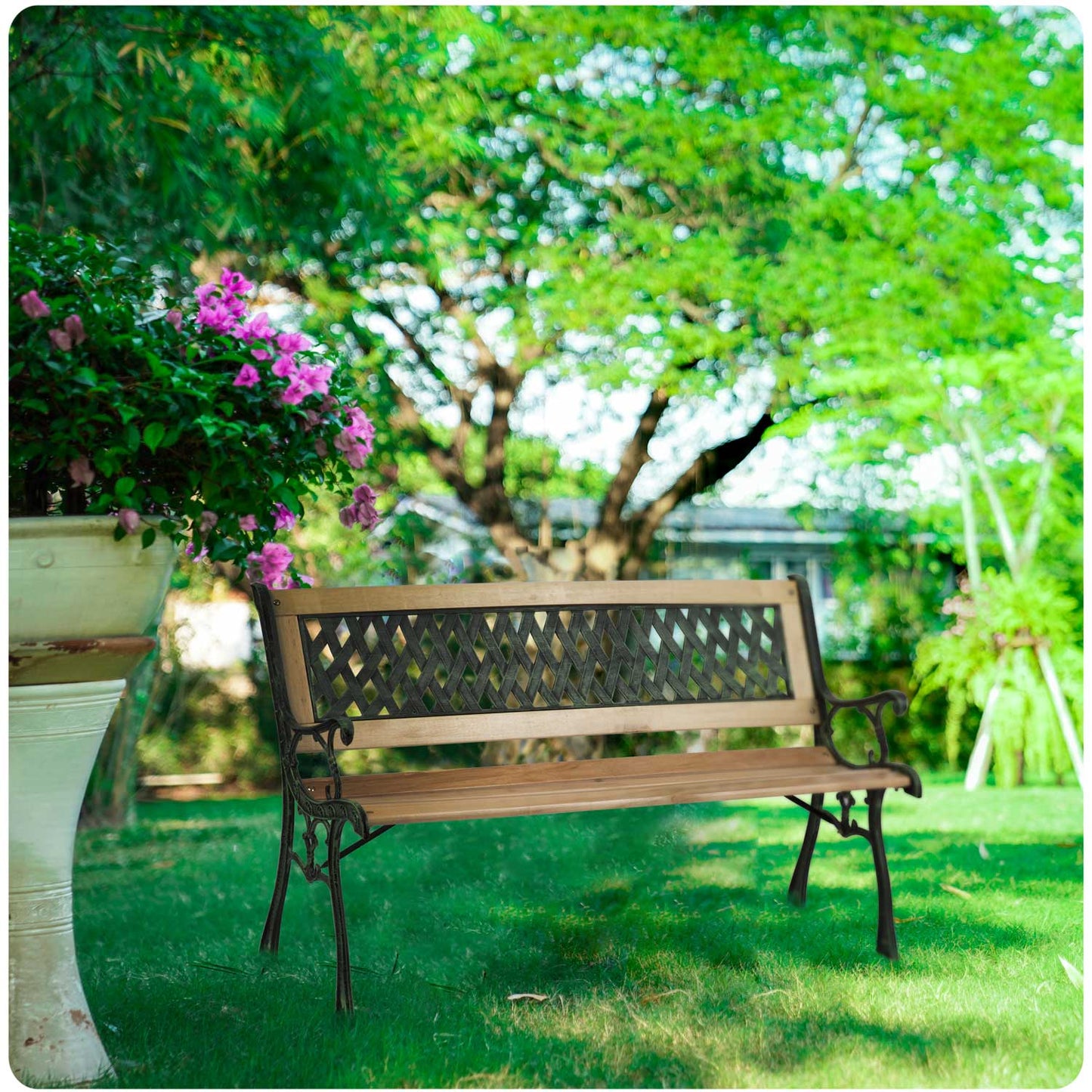 Banca de Gradina idealSTORE Garden Collections, Dimensiune 124 x 74 x 43 cm, Cadru puternic din Otel, Lemn de Plop, Design Minimalist, Perfect Pentru Gradina, Terasa sau Terasa