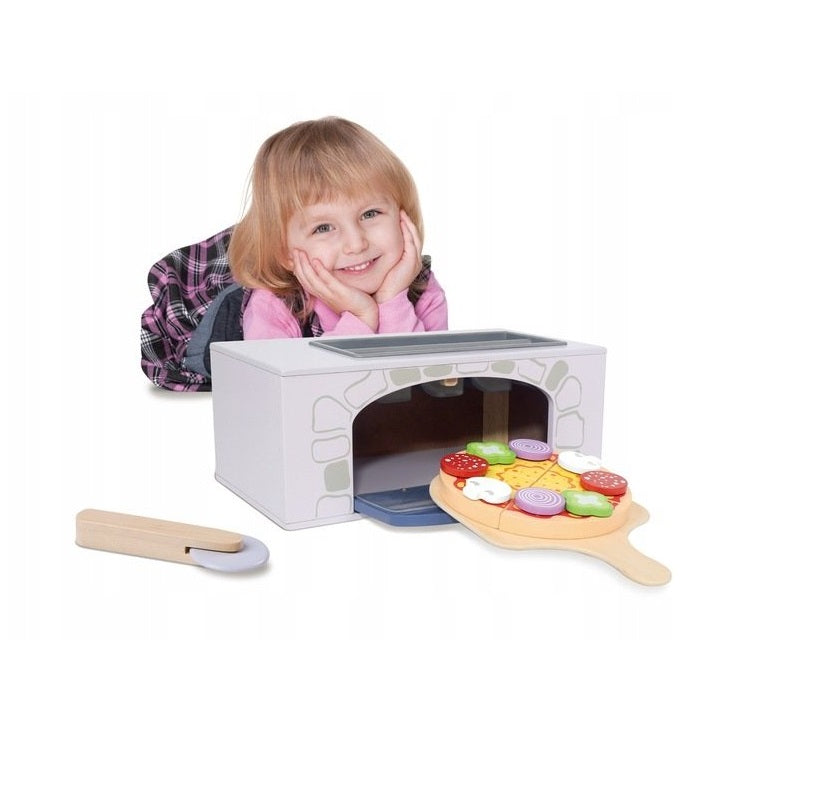 Cuptor pentru Pizza din Lemn idealSTORE, Dimensiuni 11.5 x 28.5 x 16 cm, Echipat cu 8 ingrediente specifice si 3 accesorii specifice, Distractia creativa va dezvolta abilitatile manuale, imaginatia