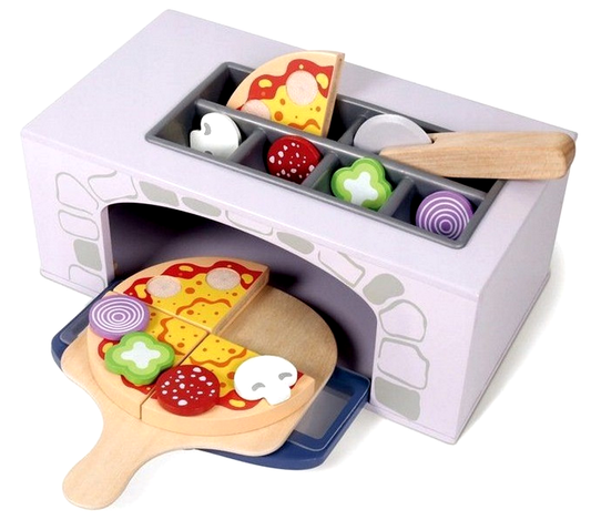 Cuptor pentru Pizza din Lemn idealSTORE, Dimensiuni 11.5 x 28.5 x 16 cm, Echipat cu 8 ingrediente specifice si 3 accesorii specifice, Distractia creativa va dezvolta abilitatile manuale, imaginatia