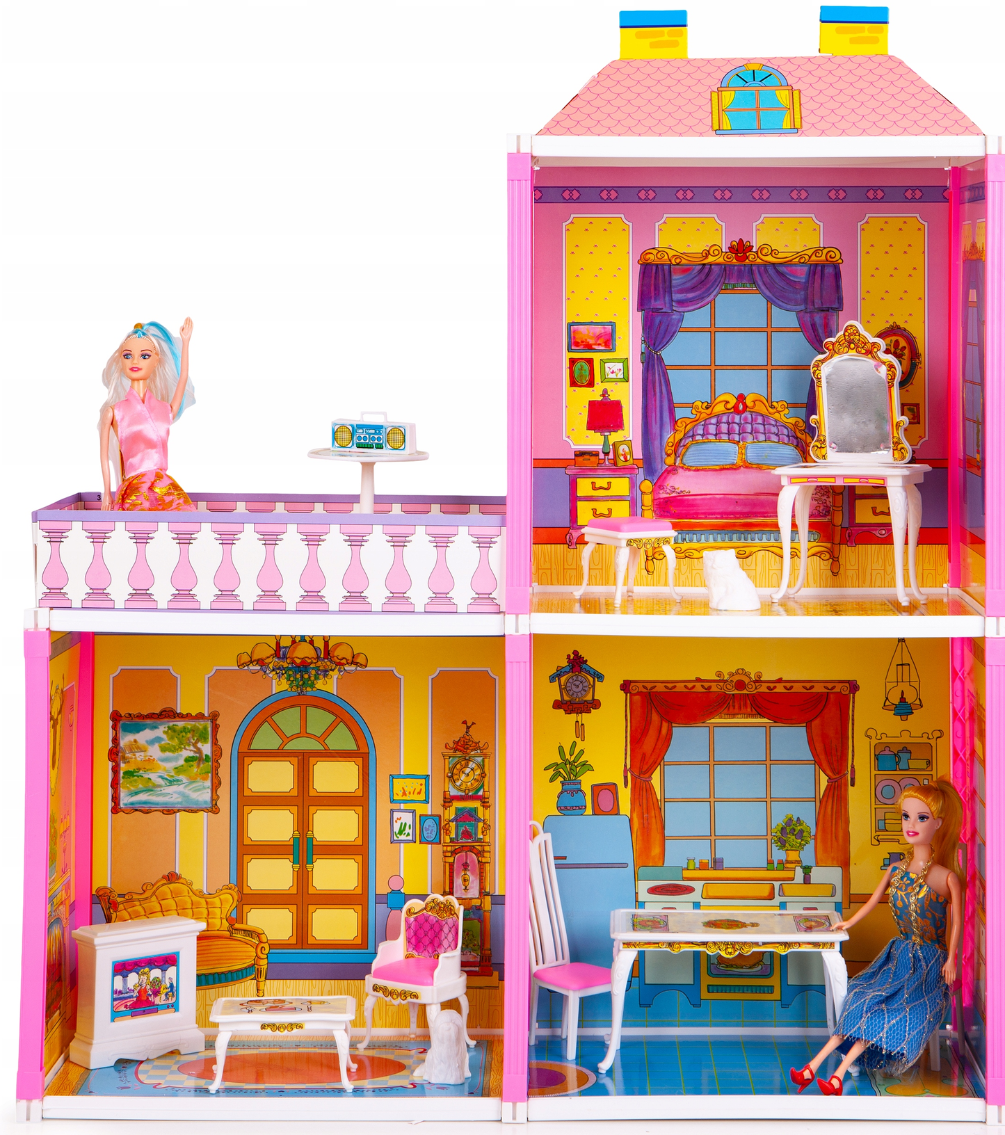 Casuta de Papusi idealSTORE Glamour Lady's Villa, Dimensiuni 70 x 79.3 x 23.5 cm, Include 110 elemente amenjate intr-un decor spectaculos, Accesorizata cu 2 papusi chic