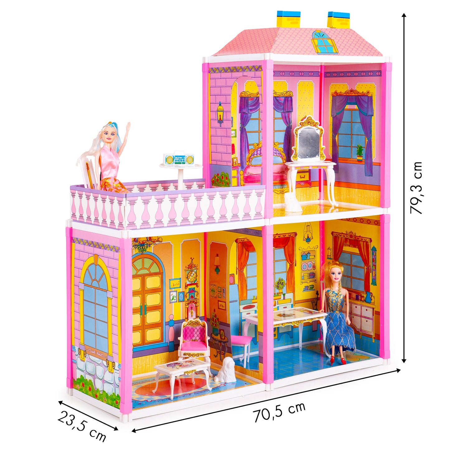 Casuta de Papusi idealSTORE Glamour Lady's Villa, Dimensiuni 70 x 79.3 x 23.5 cm, Include 110 elemente amenjate intr-un decor spectaculos, Accesorizata cu 2 papusi chic