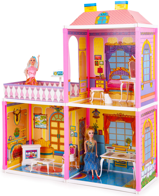 Casuta de Papusi idealSTORE Glamour Lady's Villa, Dimensiuni 70 x 79.3 x 23.5 cm, Include 110 elemente amenjate intr-un decor spectaculos, Accesorizata cu 2 papusi chic