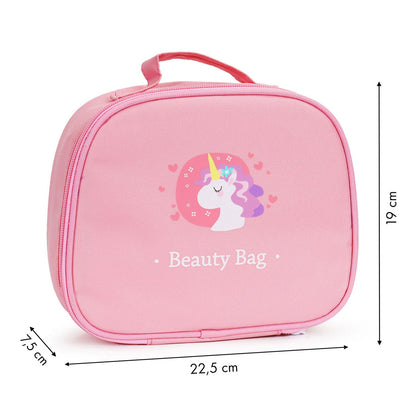 Set Make-up din lemn Beauty Bag idealSTORE, Dimensiuni 22 x 8 x 19 cm, Include 7 accesorii din lemn, Finisaj de calitate, Geata cosmetica, Ajuta la dezvoltarea imaginatiei