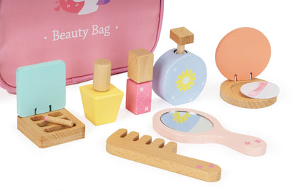 Set Make-up din lemn Beauty Bag idealSTORE, Dimensiuni 22 x 8 x 19 cm, Include 7 accesorii din lemn, Finisaj de calitate, Geata cosmetica, Ajuta la dezvoltarea imaginatiei