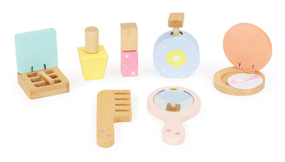 Set Make-up din lemn Beauty Bag idealSTORE, Dimensiuni 22 x 8 x 19 cm, Include 7 accesorii din lemn, Finisaj de calitate, Geata cosmetica, Ajuta la dezvoltarea imaginatiei