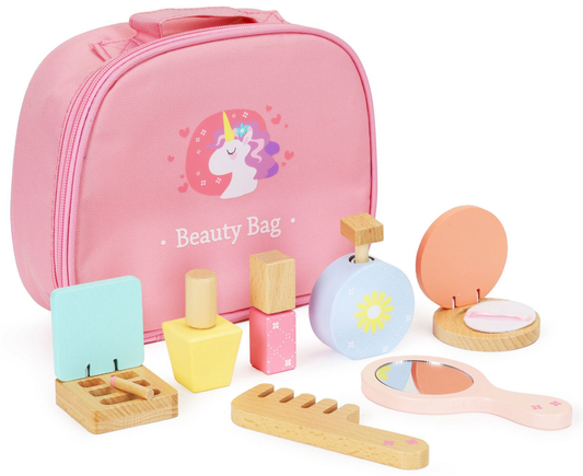 Set Make-up din lemn Beauty Bag idealSTORE, Dimensiuni 22 x 8 x 19 cm, Include 7 accesorii din lemn, Finisaj de calitate, Geata cosmetica, Ajuta la dezvoltarea imaginatiei