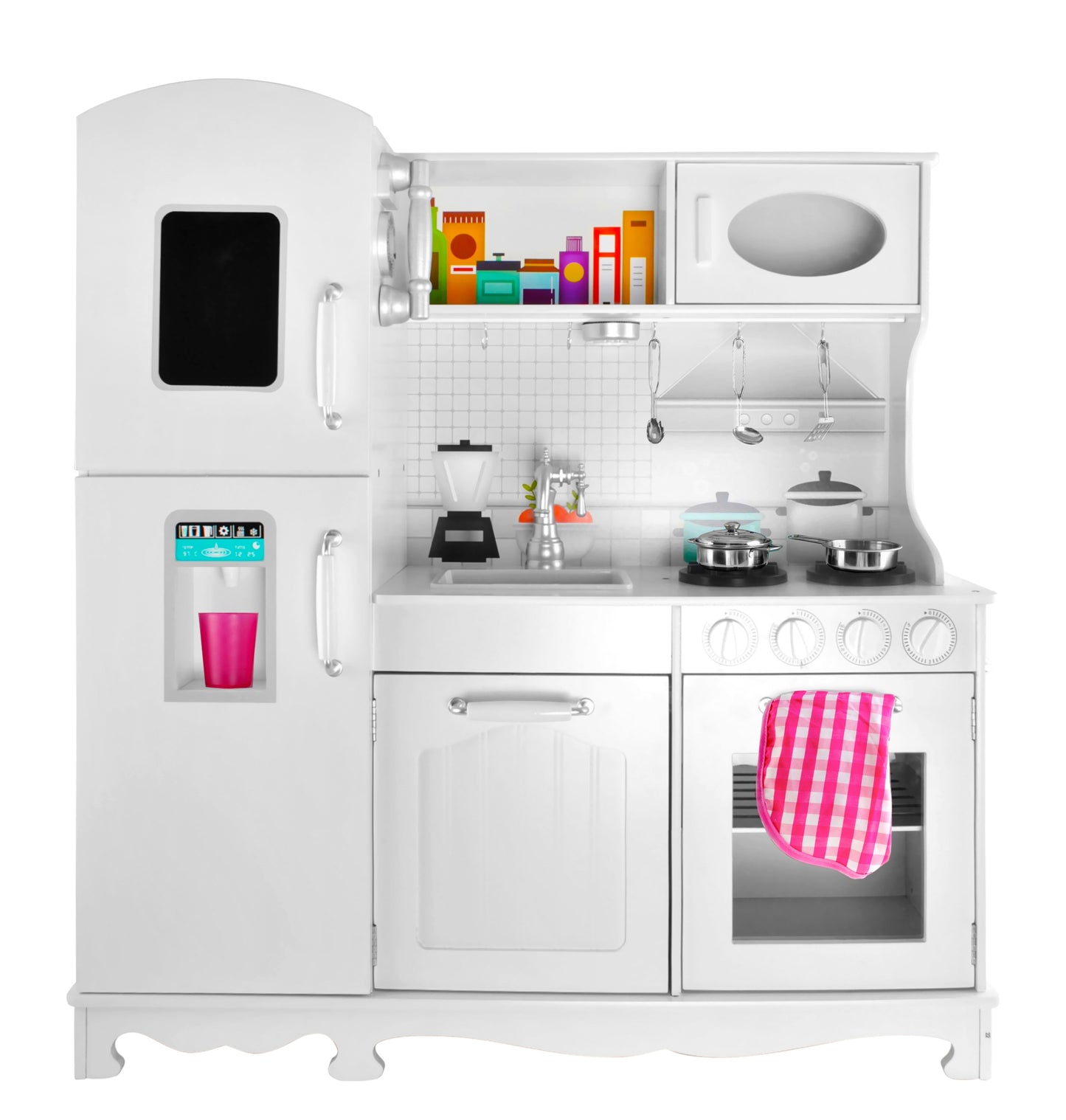 Bucatarie din lemn premium idealSTORE Chef's Max Cook, Dimensiuni 98 x 92.5 x 30 cm, Iluminare LED, Echipata complet, Include elemente mobile, Accesorizata cu ustensile specifice, Creste abilitatile manuale si de actorie