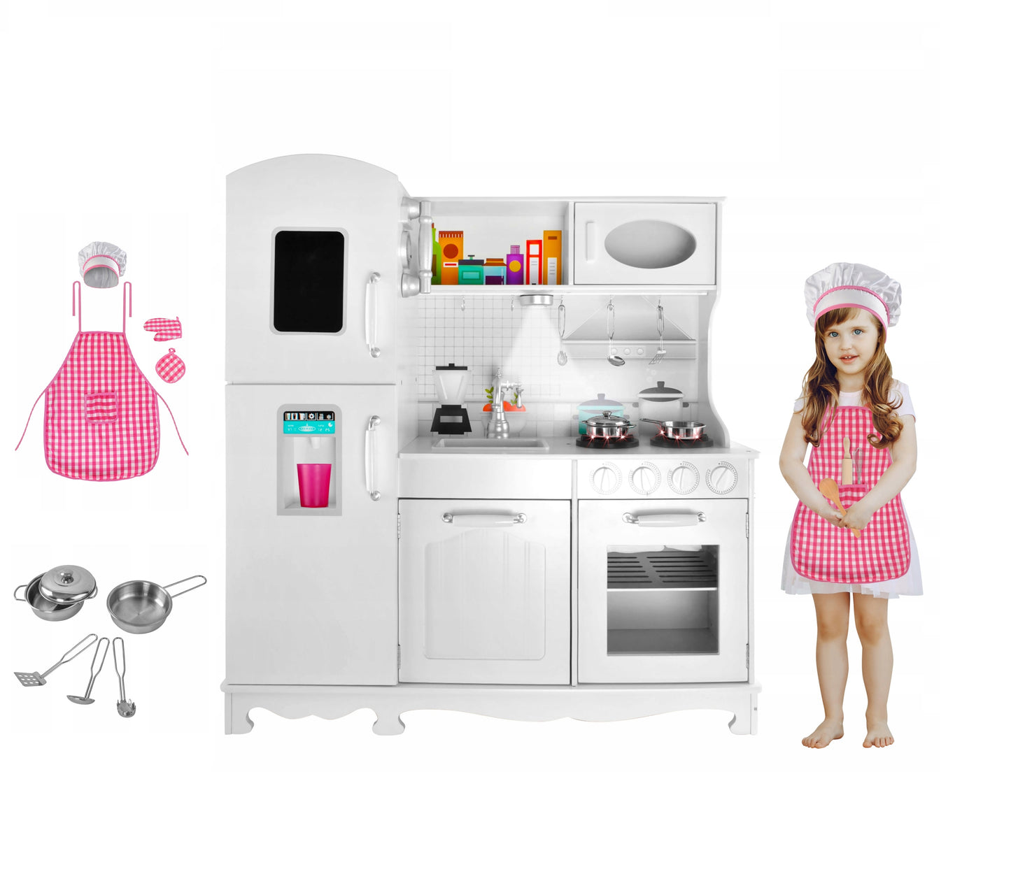 Bucatarie din lemn premium idealSTORE Chef's Max Cook, Dimensiuni 98 x 92.5 x 30 cm, Iluminare LED, Echipata complet, Include elemente mobile, Accesorizata cu ustensile specifice, Creste abilitatile manuale si de actorie