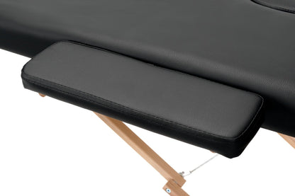 Masa de masaj pliabila idealSTORE, 2 segmente, Inaltime reglabila 62-84 cm, Piele ecologica moale, 2 cotiere laterale, Structura din lemn, Sarcina 250 KG, Rezistenta la uleiuri si apa, Include geanta de transport cadou