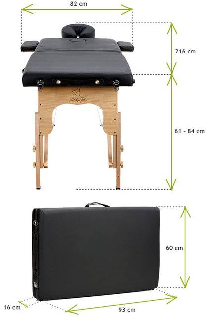 Masa de masaj pliabila idealSTORE, 2 segmente, Inaltime reglabila 62-84 cm, Piele ecologica moale, 2 cotiere laterale, Structura din lemn, Sarcina 250 KG, Rezistenta la uleiuri si apa, Include geanta de transport cadou