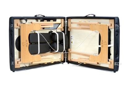 Masa de masaj pliabila idealSTORE, 2 segmente, Inaltime reglabila 62-84 cm, Piele ecologica moale, 2 cotiere laterale, Structura din lemn, Sarcina 250 KG, Rezistenta la uleiuri si apa, Include geanta de transport cadou